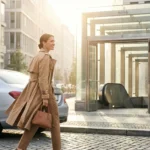 Smiling woman in tan trench coat walking past a silver car and glass metro entrance