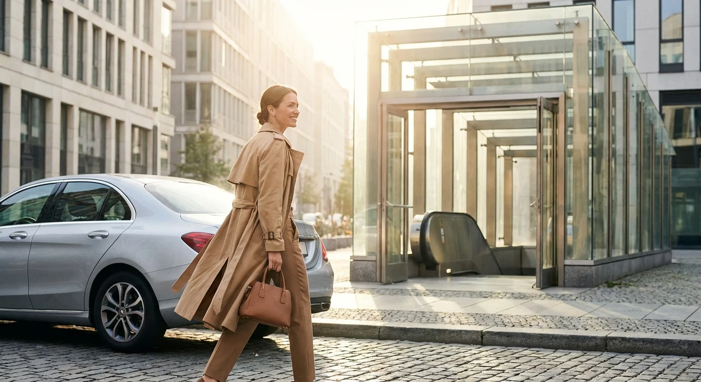 Smiling woman in tan trench coat walking past a silver car and glass metro entrance