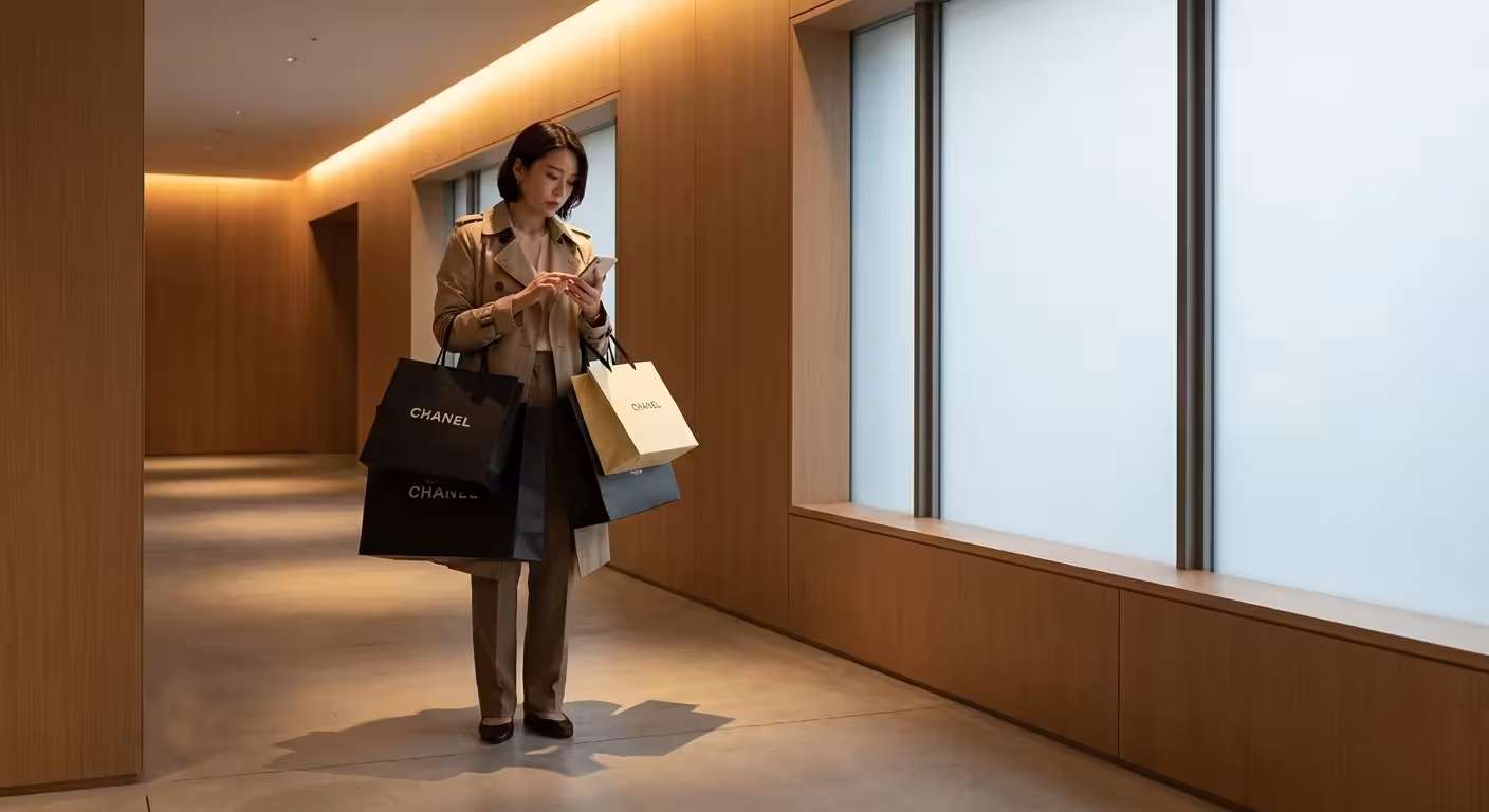 A person looking thoughtfully at their phone while holding several shopping bags.