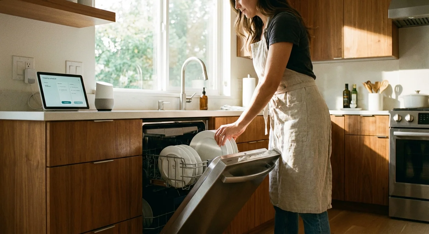 A person loading a modern, energy-efficient dishwasher in a bright kitchen.