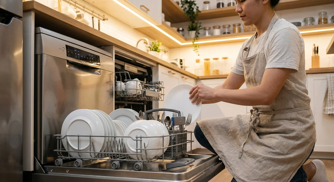 A person efficiently loading a dishwasher to save water and energy.