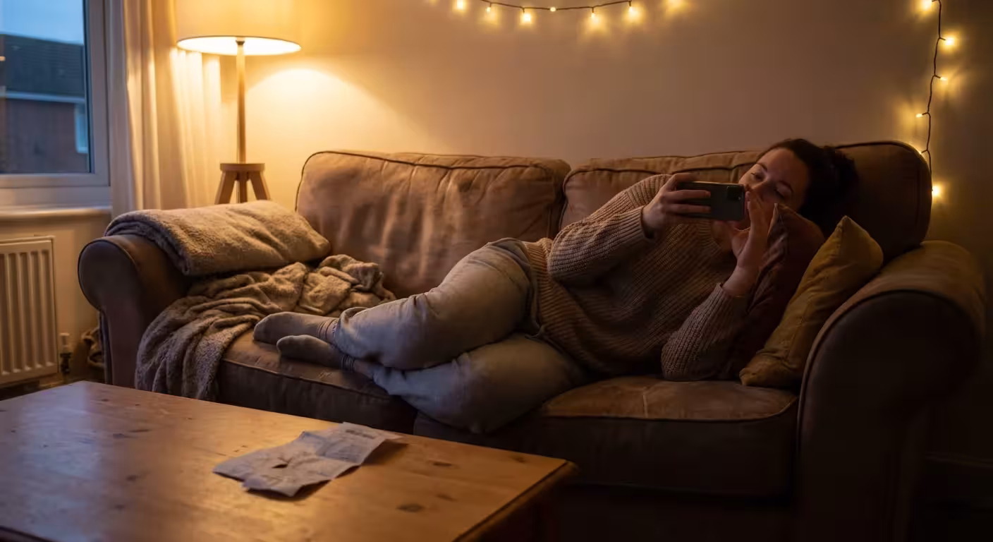 A person sitting on a sofa casually taking a photo of a receipt.