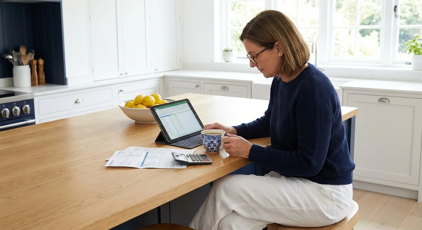 A person reviews their monthly utility bills on a tablet in a sunny kitchen.