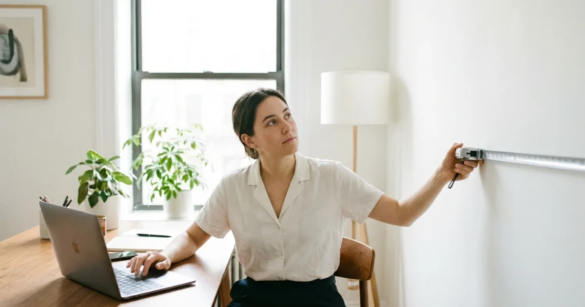 A woman sitting at a wooden desk using a laptop while measuring a white wall
