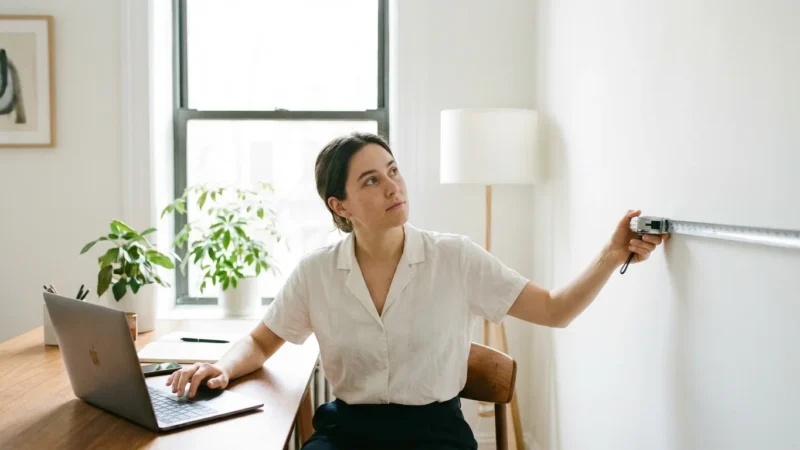 A woman sitting at a wooden desk using a laptop while measuring a white wall