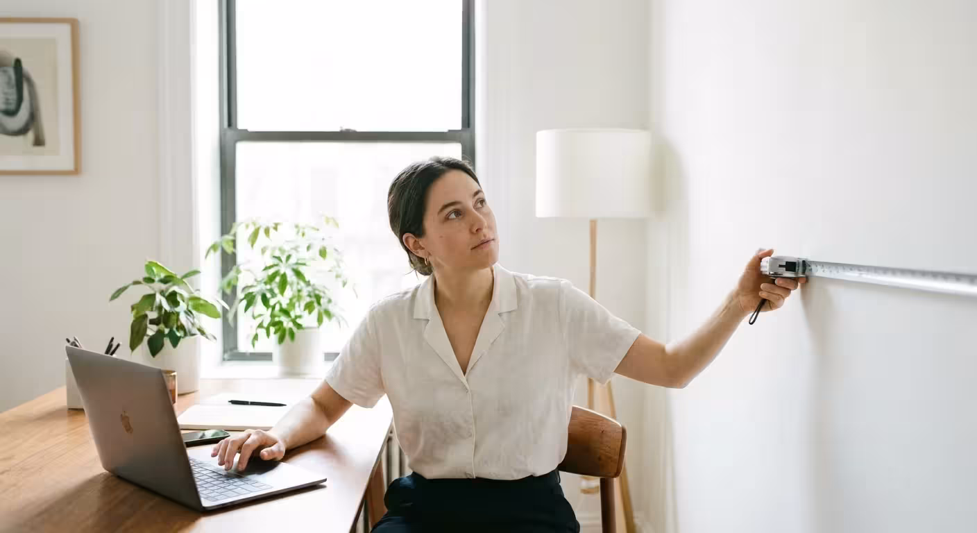 A woman sitting at a wooden desk using a laptop while measuring a white wall
