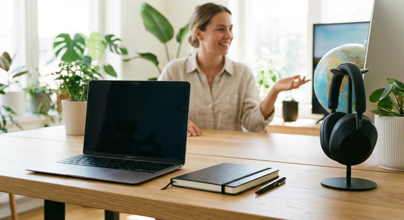 A calm person sitting at a desk with a notebook and laptop in a bright room.