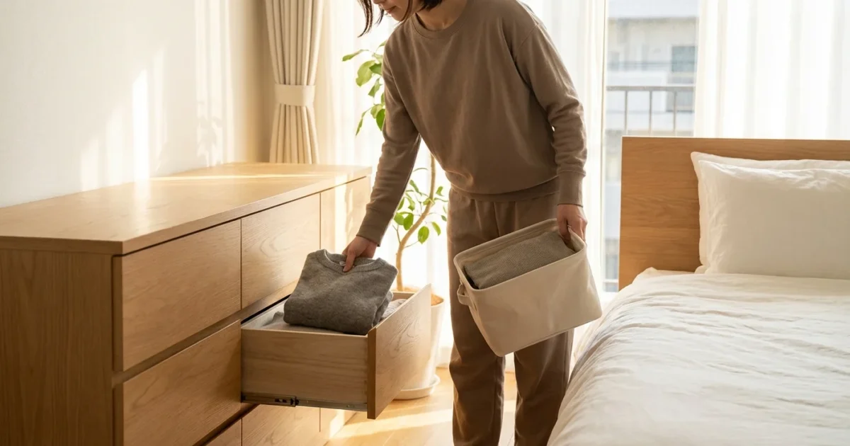 Woman organizing folded sweaters into a wooden dresser drawer in a bright, minimalist bedroom.