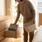 Woman organizing folded sweaters into a wooden dresser drawer in a bright, minimalist bedroom.