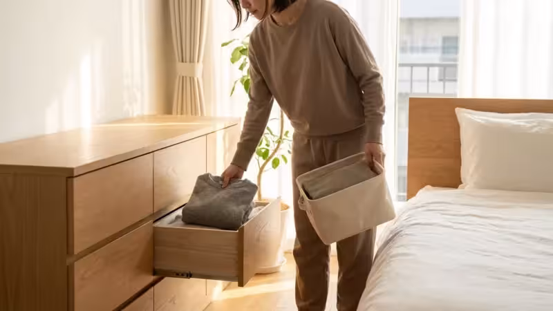 Woman organizing folded sweaters into a wooden dresser drawer in a bright, minimalist bedroom.