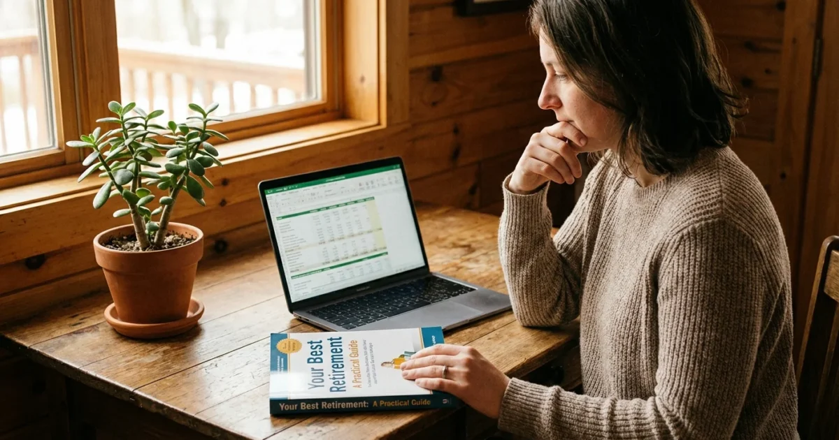 A woman sits at a wooden desk planning retirement with a laptop and guidebook.
