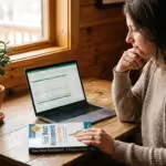 A woman sits at a wooden desk planning retirement with a laptop and guidebook.