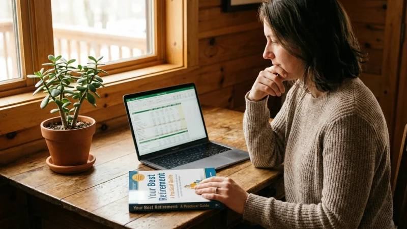 A woman sits at a wooden desk planning retirement with a laptop and guidebook.