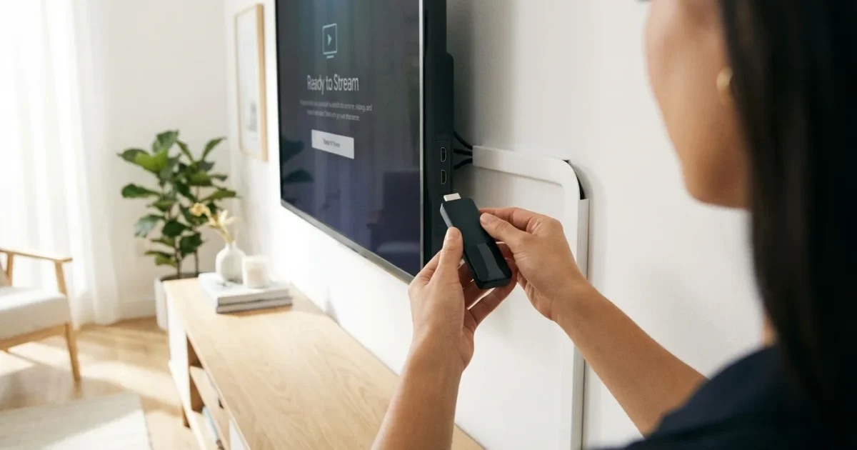 Woman inserting a black media streaming device into the side of a wall-mounted smart television.