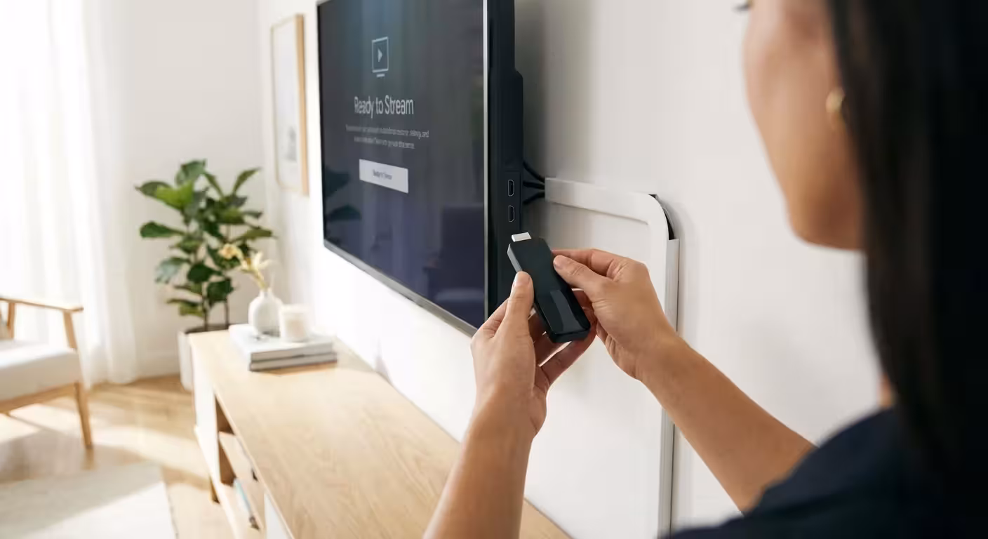 Woman inserting a black media streaming device into the side of a wall-mounted smart television.