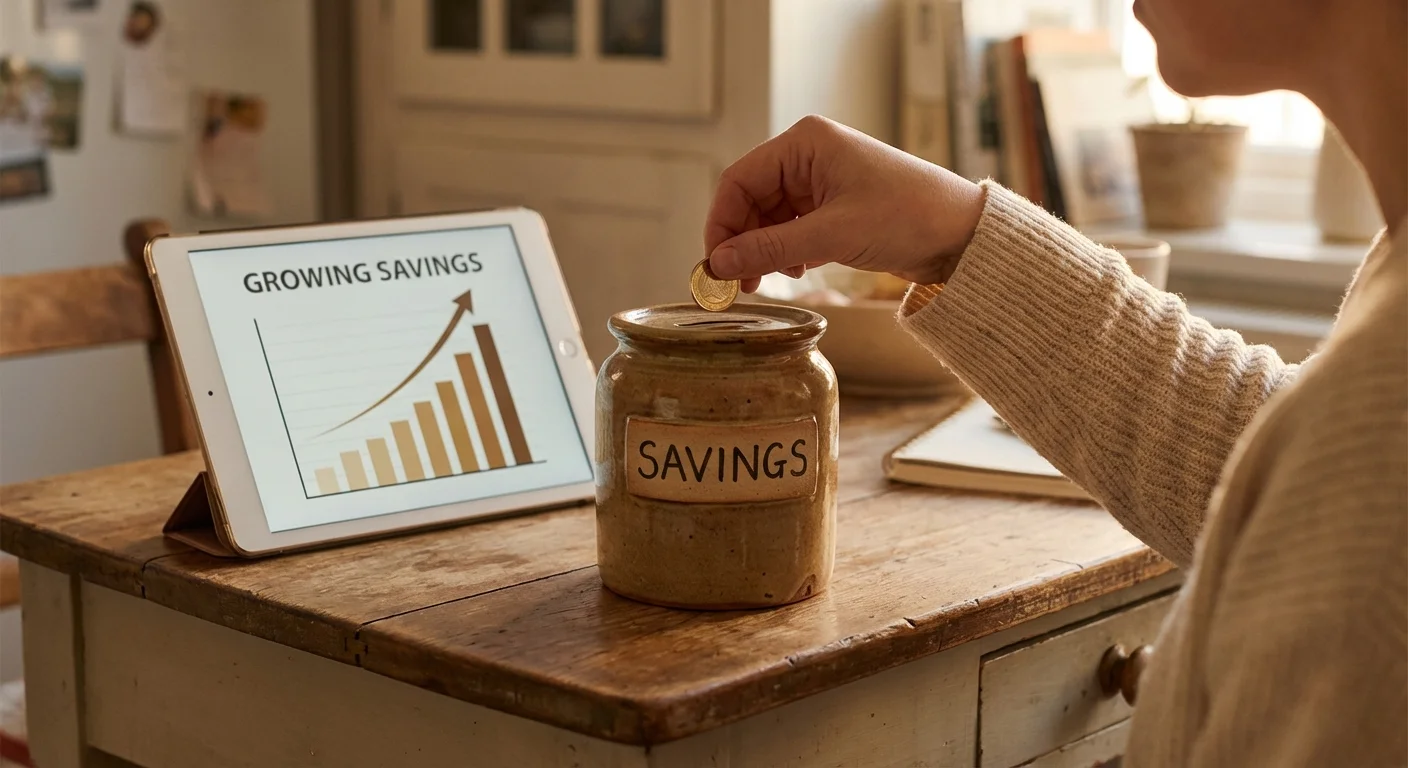 A hand putting money into a savings jar next to a tablet showing financial growth.