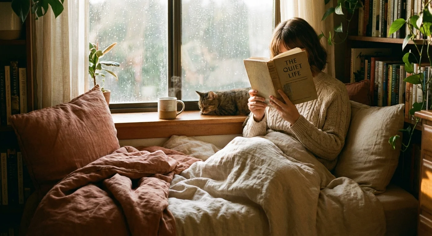 A person reading a book in a cozy, sunlit window seat with a cup of tea.