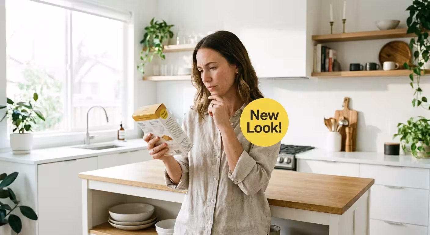 A woman examining a product box with a 'New Look' label in a bright kitchen.