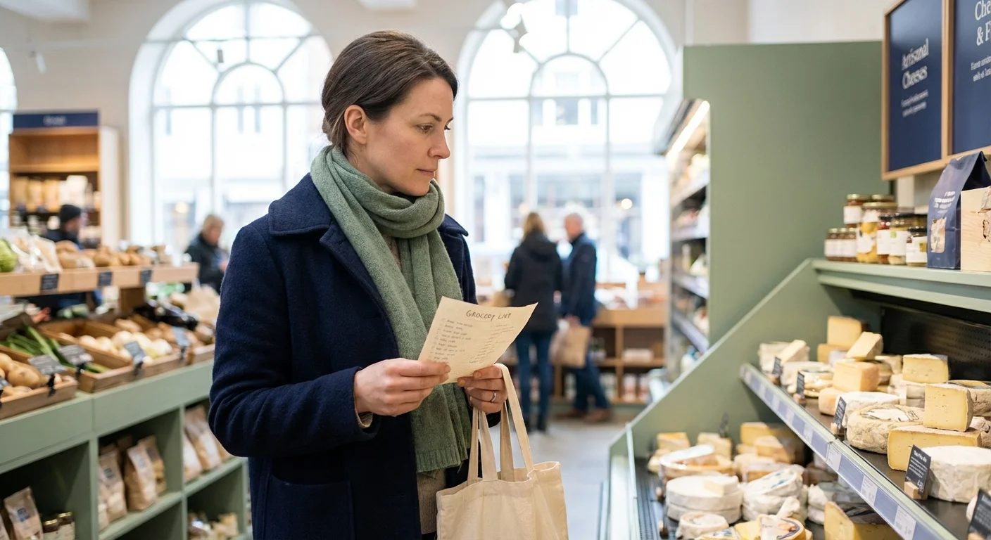 A woman thoughtfully compares products in a bright, modern grocery store.