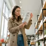 Woman in a trench coat reading a snack bag label in a modern grocery store aisle.