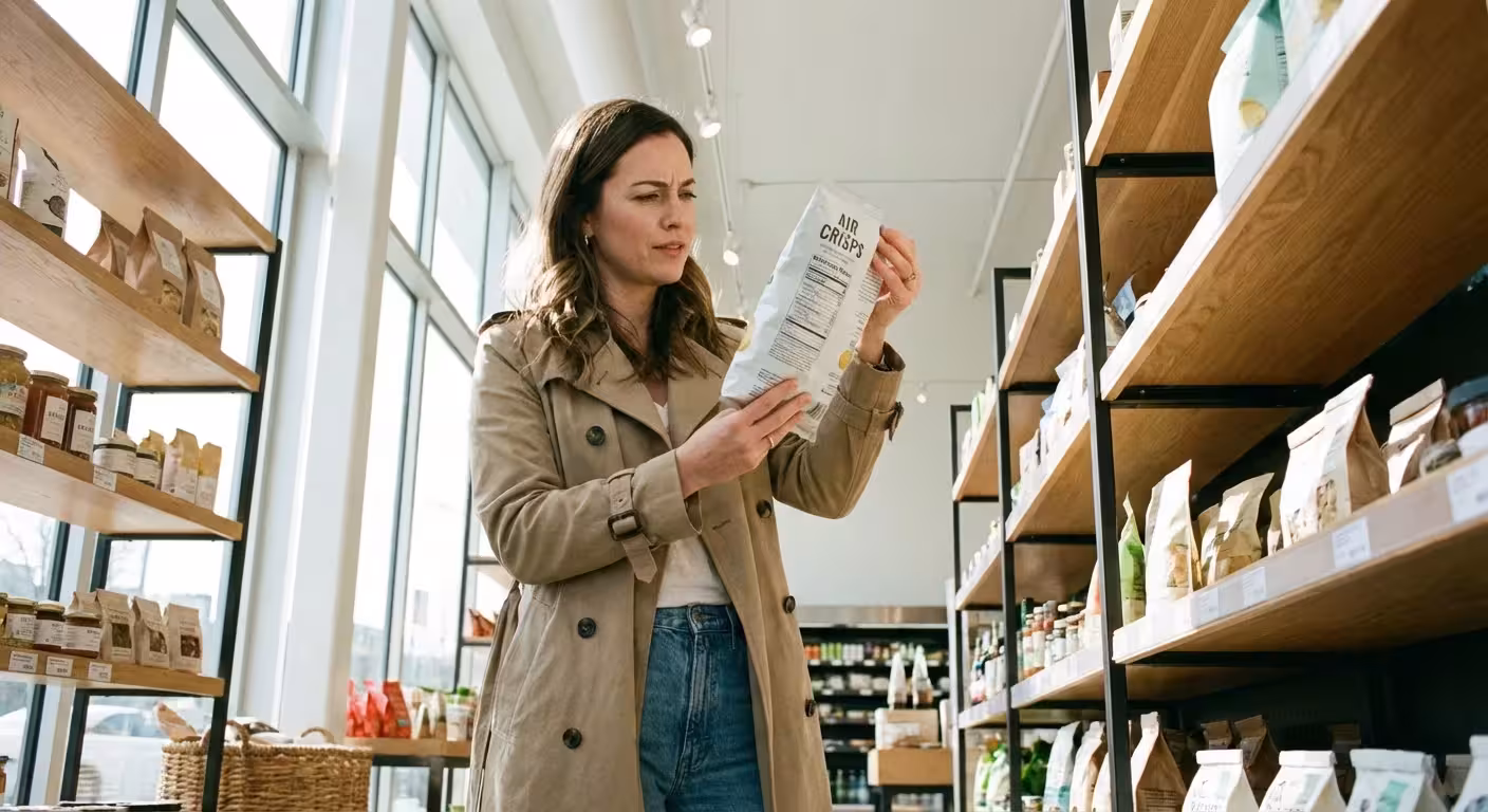 Woman in a trench coat reading a snack bag label in a modern grocery store aisle.