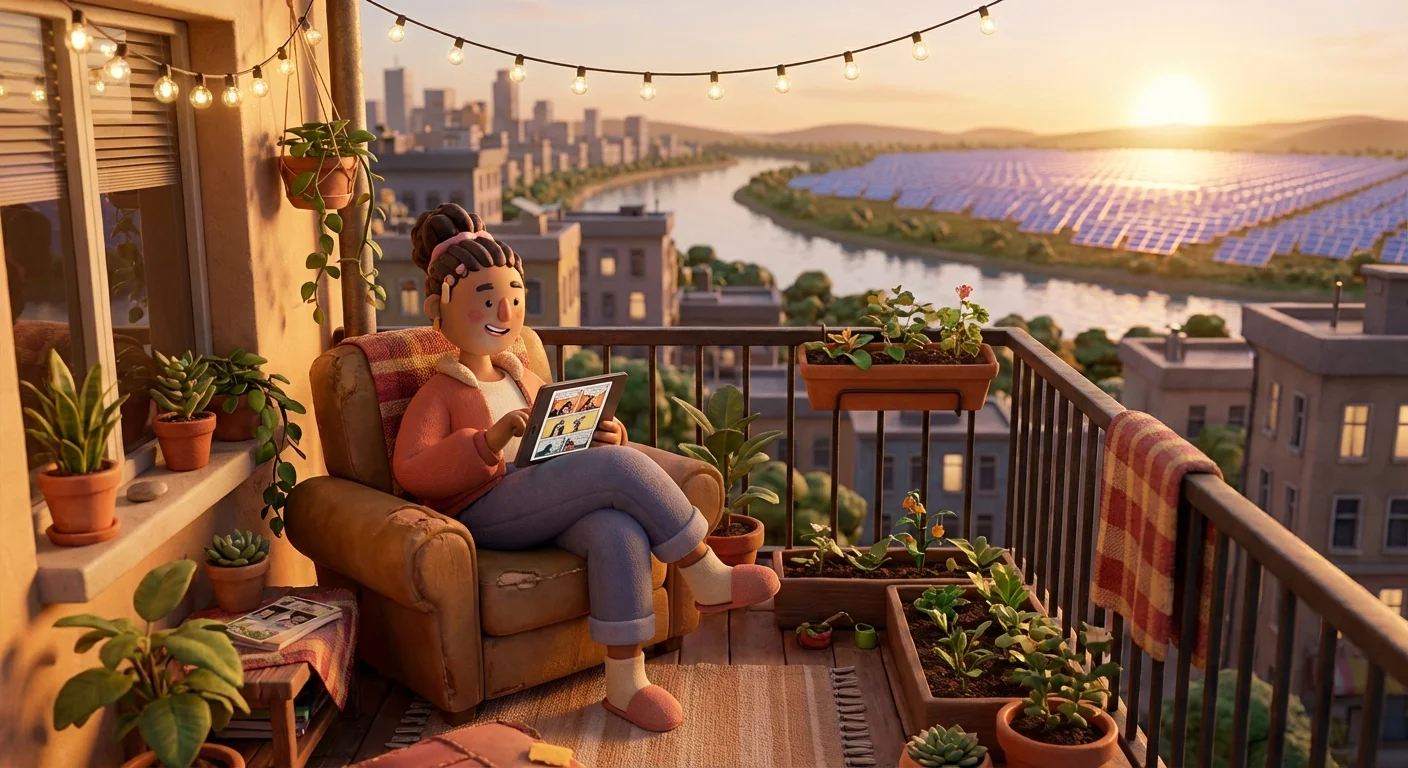 A person on an apartment balcony looking out at a distant solar farm.