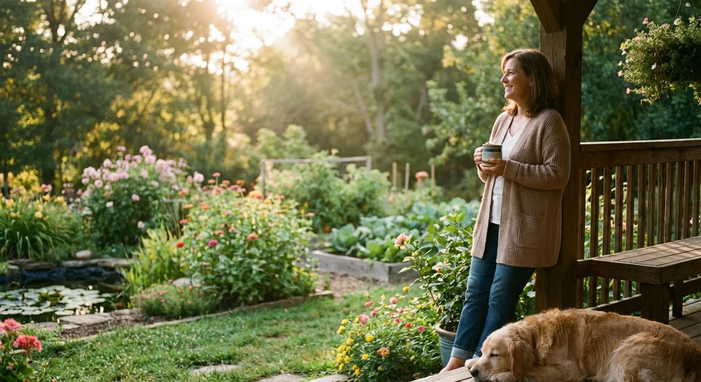 A homeowner standing peacefully on a porch looking at a garden.