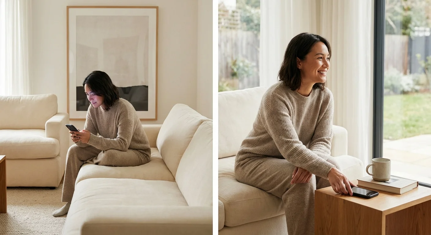 A person putting away their phone to avoid impulsive online shopping.