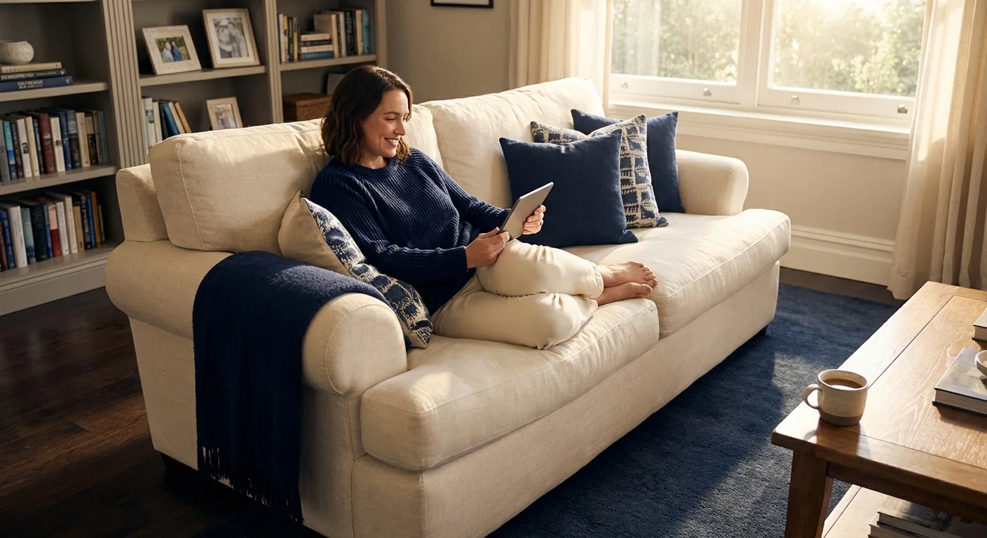 A person smiling while using a tablet to review financial documents on a sofa.