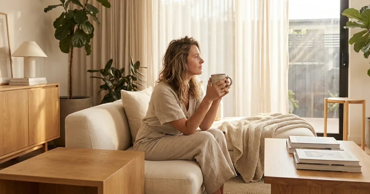 Woman sitting on a cream sofa holding a mug in a bright, modern living room.