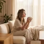 Woman sitting on a cream sofa holding a mug in a bright, modern living room.