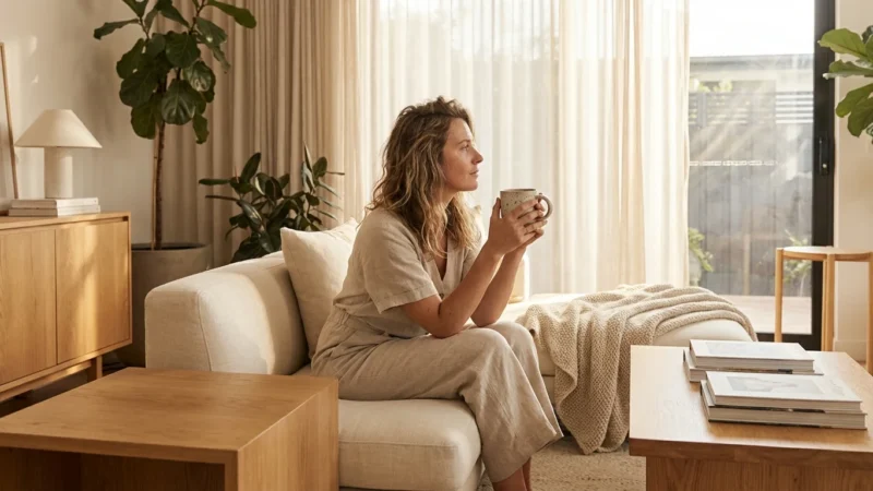 Woman sitting on a cream sofa holding a mug in a bright, modern living room.