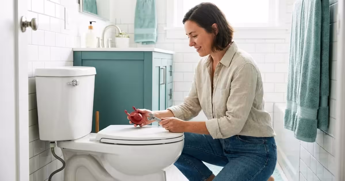 Woman kneeling by a toilet holding a wrench and red flapper in a modern bathroom.