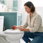 Woman kneeling by a toilet holding a wrench and red flapper in a modern bathroom.