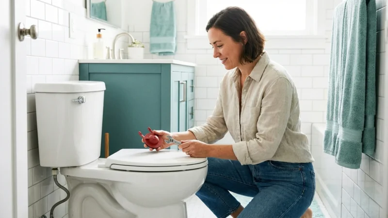 Woman kneeling by a toilet holding a wrench and red flapper in a modern bathroom.
