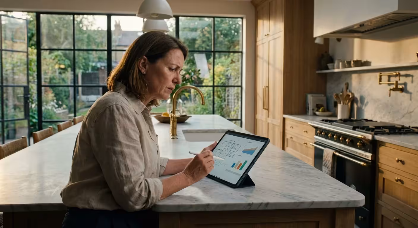 A person thoughtfully reviewing energy data on a tablet at a marble kitchen island.