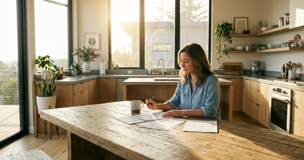 A woman in a denim shirt reviews paperwork at a wooden table in a bright kitchen.