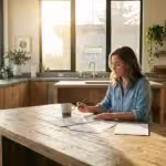A woman in a denim shirt reviews paperwork at a wooden table in a bright kitchen.