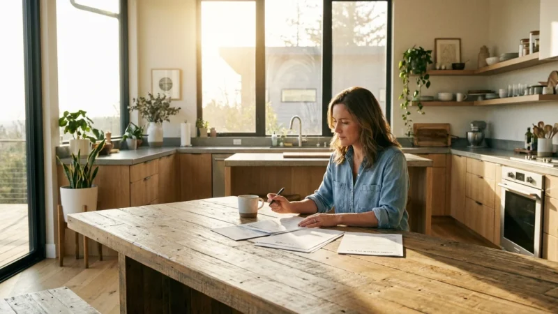 A woman in a denim shirt reviews paperwork at a wooden table in a bright kitchen.