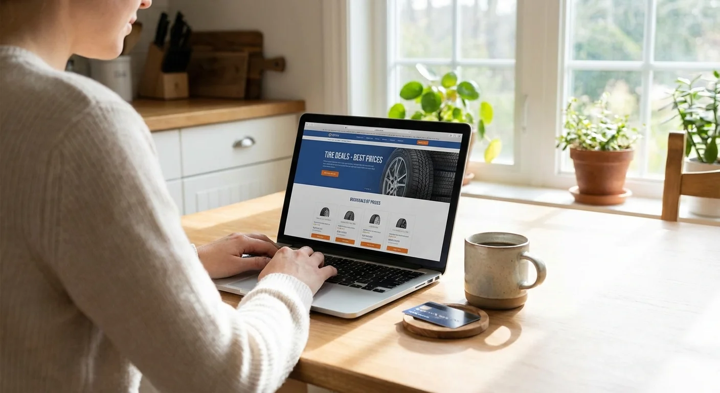 A person using a laptop at home to find the best deals on new tires.