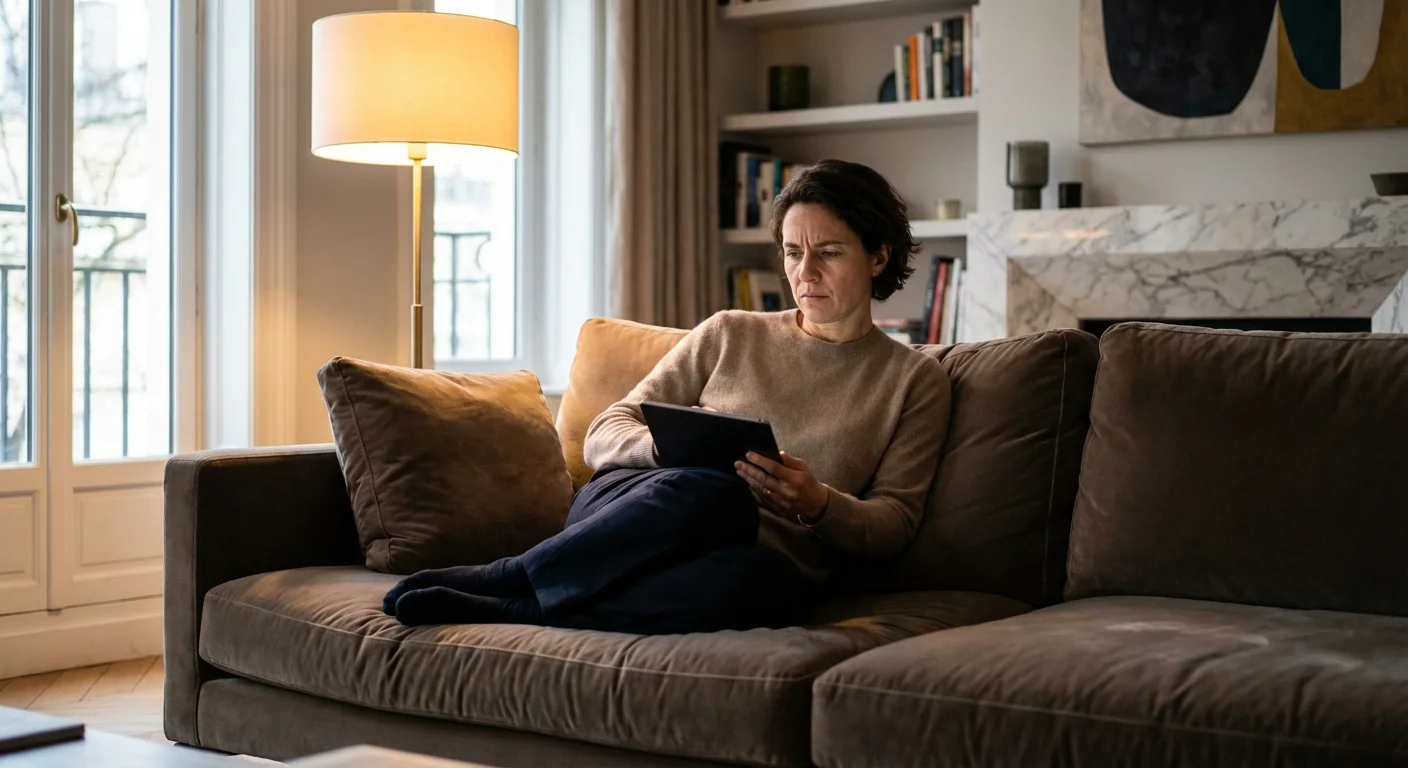 A person looking skeptically at a tablet in a modern living room.