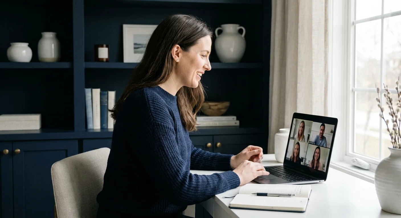 A person on a professional video call in a clean home office, representing a consultation.