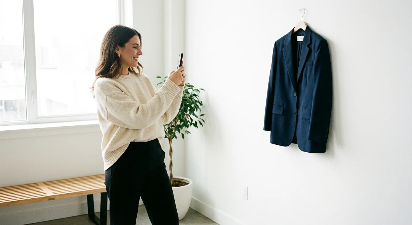 A woman taking a photo of a designer blazer with her smartphone in a bright room.