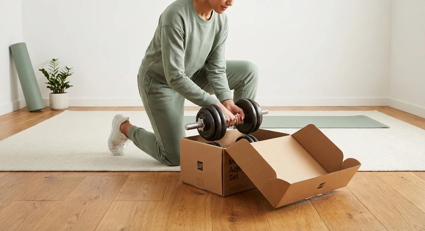 Unboxing new home gym equipment in a bright, modern room.