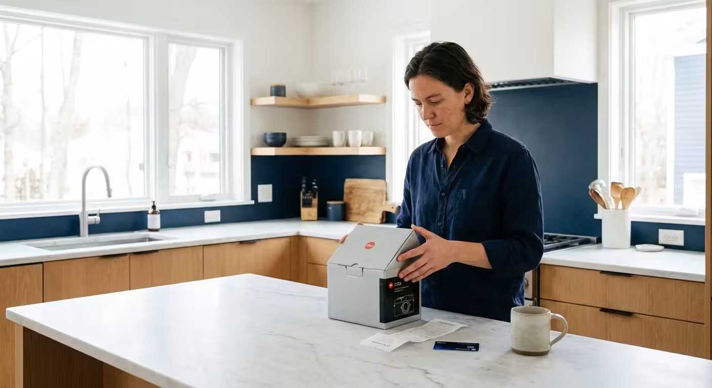 A woman unboxing a Leica camera on a marble kitchen island in a modern home.
