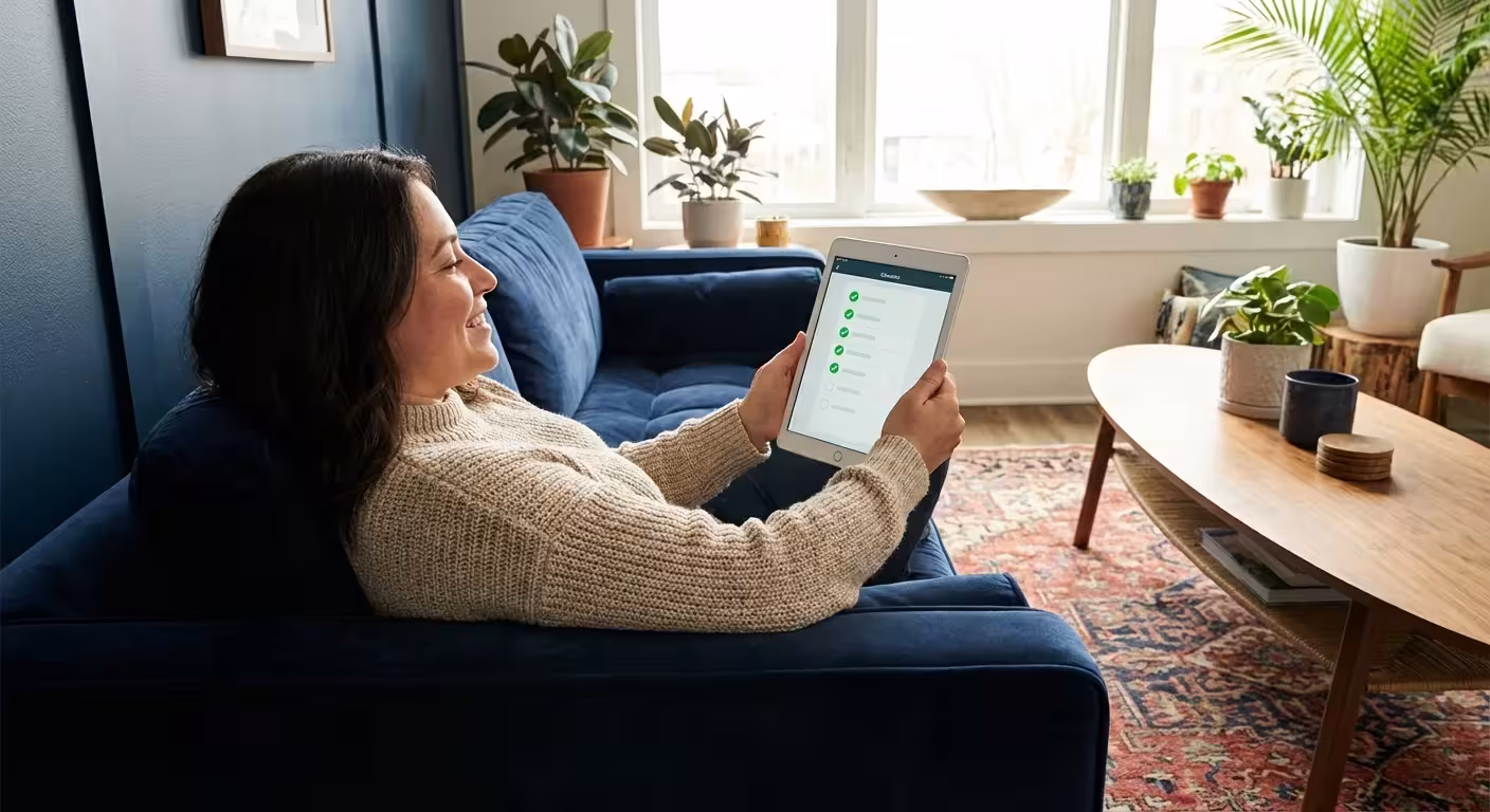 Woman on a blue sofa using a tablet checklist in a bright room with houseplants