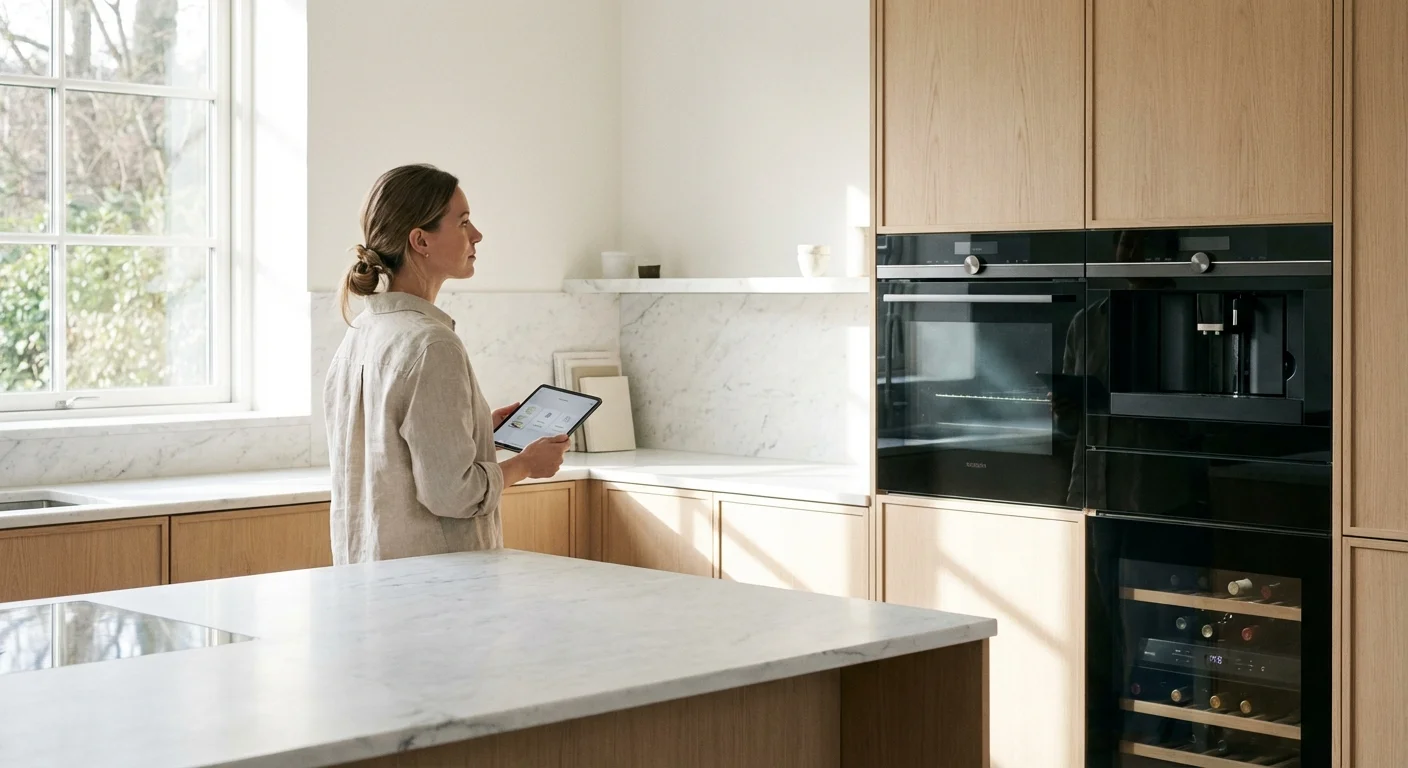A person conducting an energy audit in a bright, modern kitchen.