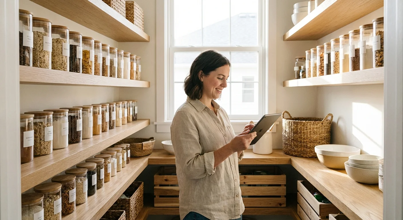 Woman checking her pantry inventory with a tablet.