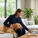 Professional woman working on a laptop while petting a golden retriever on a grey sofa