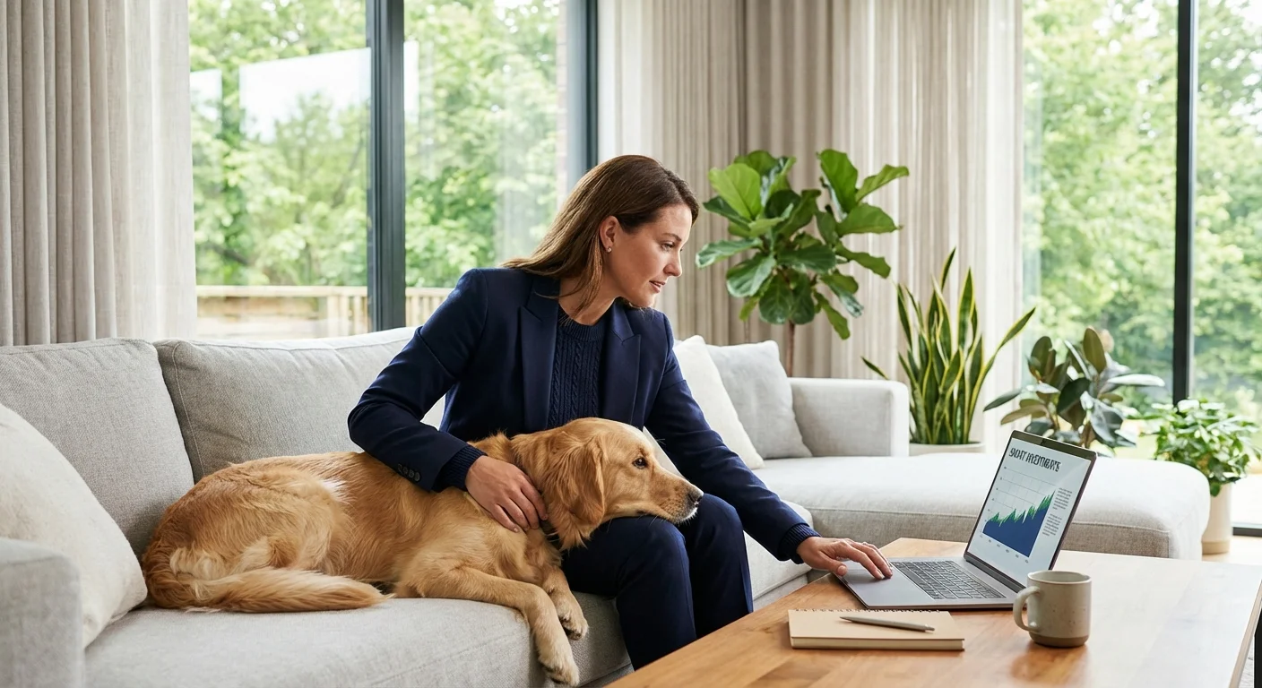 Professional woman working on a laptop while petting a golden retriever on a grey sofa